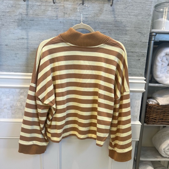 NWT new medium Anthropologie Maeve cotton boxy v-neck top tan yellow stripe - Picture 12 of 16